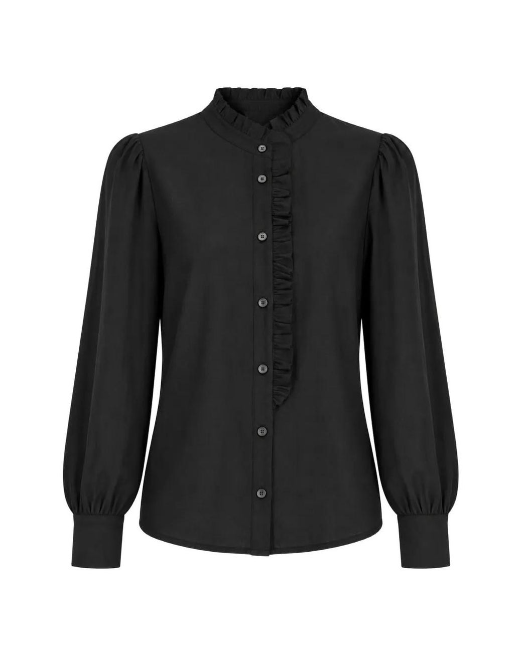 Ichi Black Ruffled Puff-Sleeve Blouse