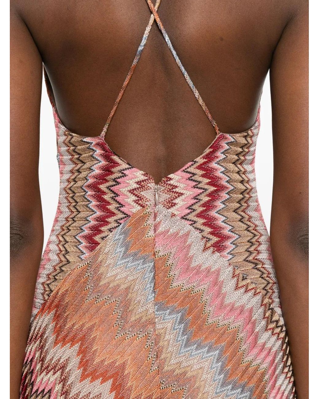 Missoni Multicolor Rust-Colored Snake-Pattern Chevron Viscose Long Dress With Crossed Straps