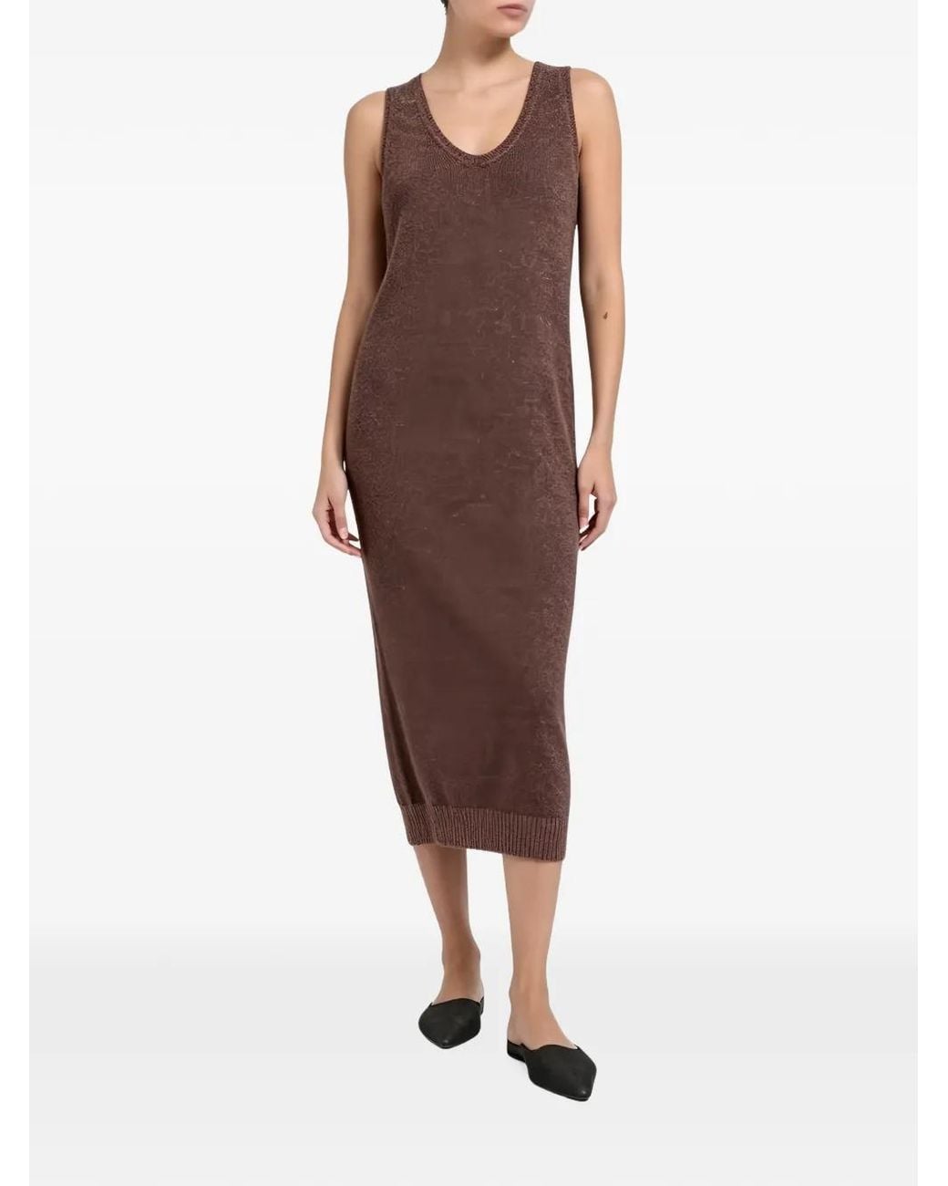 Brunello Cucinelli Brown Sleeveless V-Neck Midi Dress