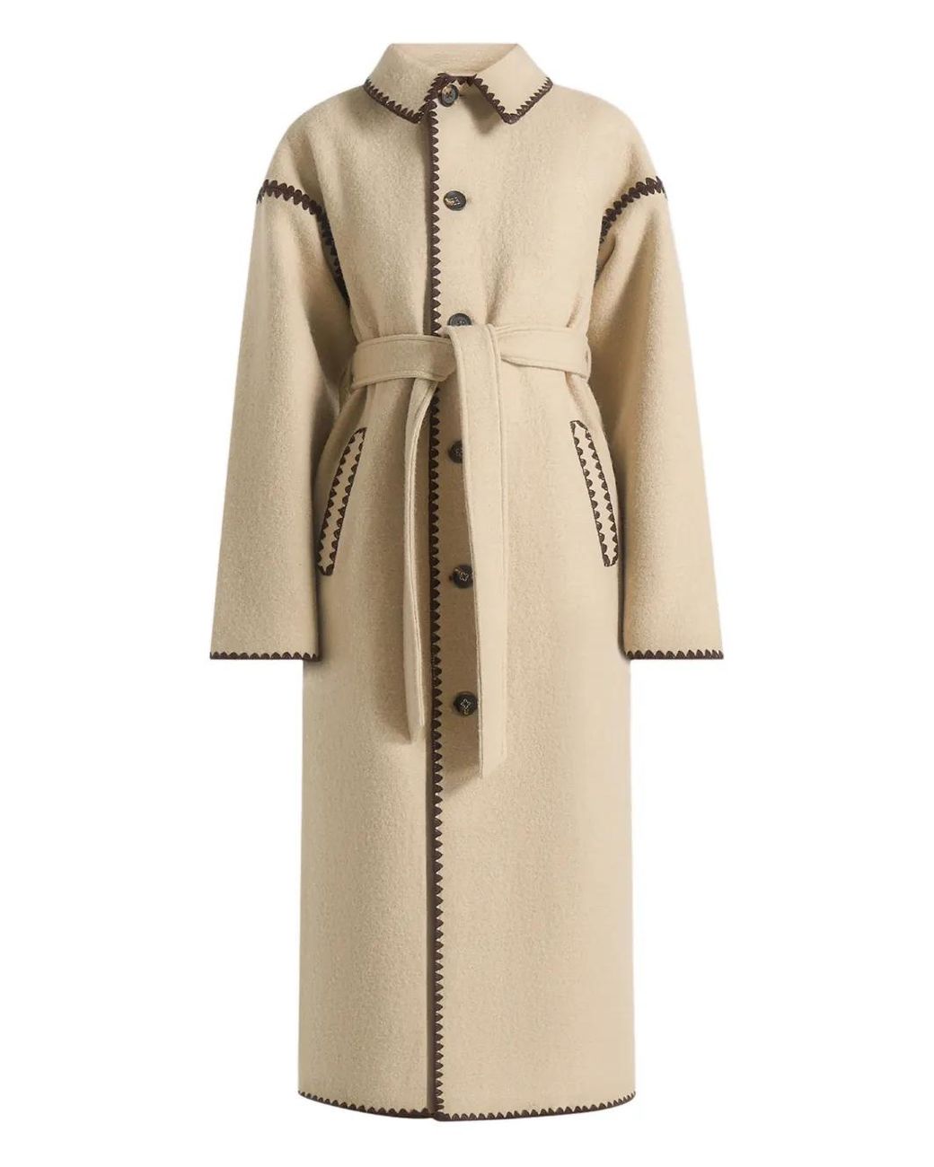 Manière De Voir Natural Elora Whipstitch-Trim Belted Longline Coat