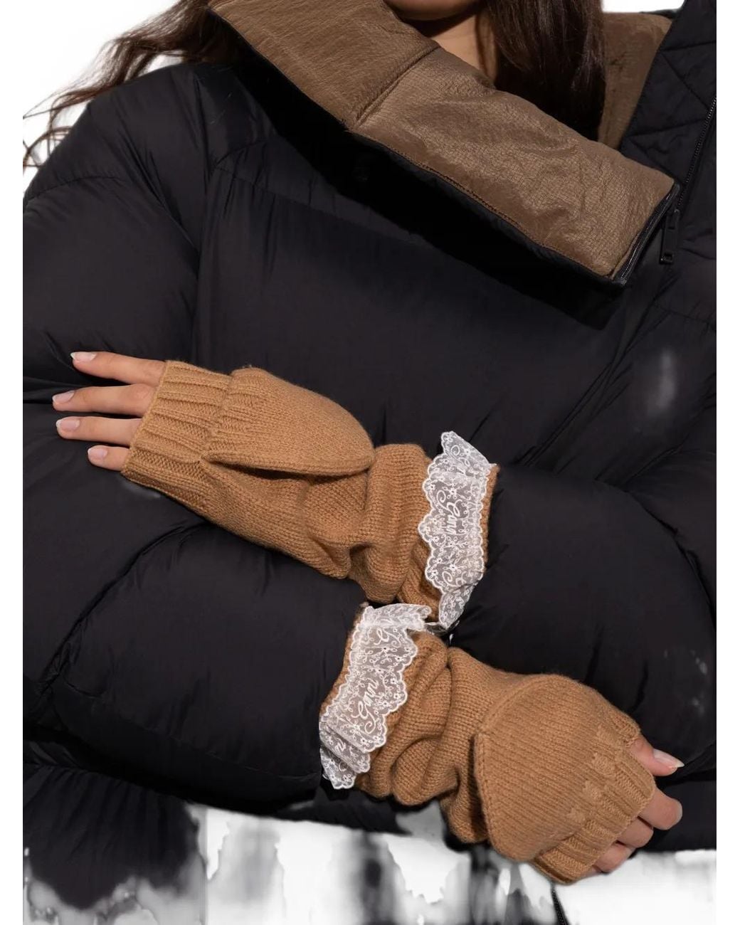 Ganni Brown Lace-Trim Gloves