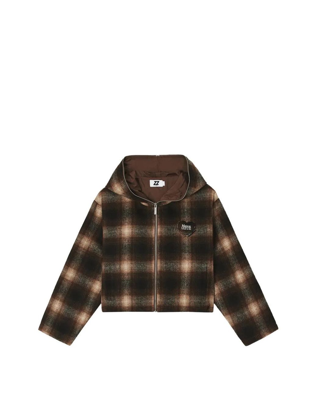 Izzue Brown Check-Pattern Heart-Patch Cropped Jacket