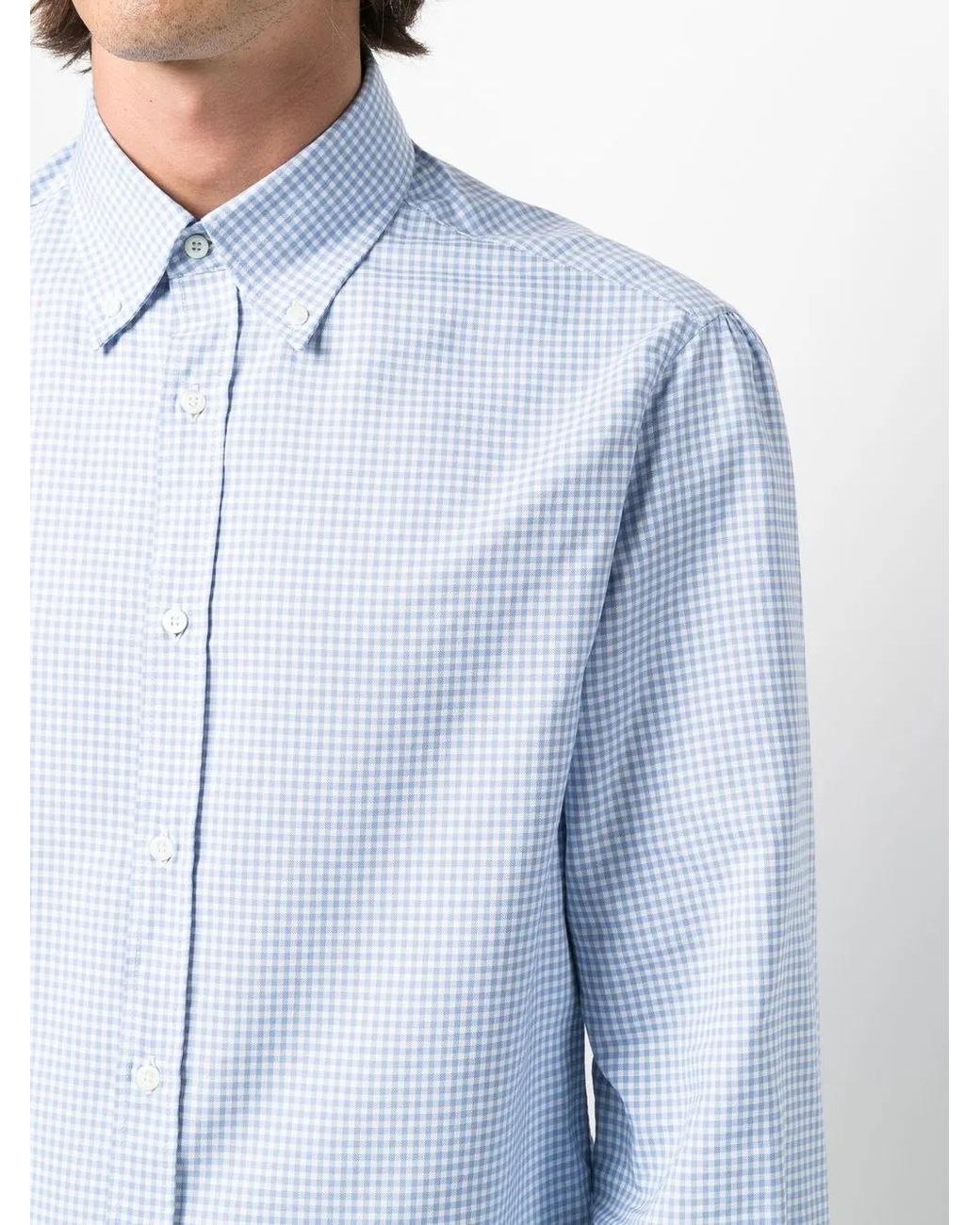 Brunello Cucinelli Blue Check-Print Button-Down Shirt for men