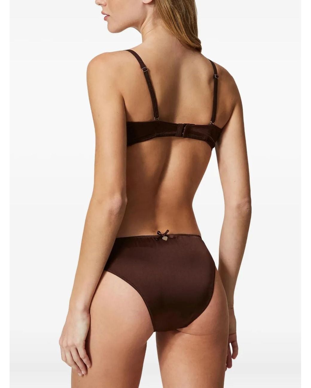 Twinset Brown Lace-Trim Satin Bra Set