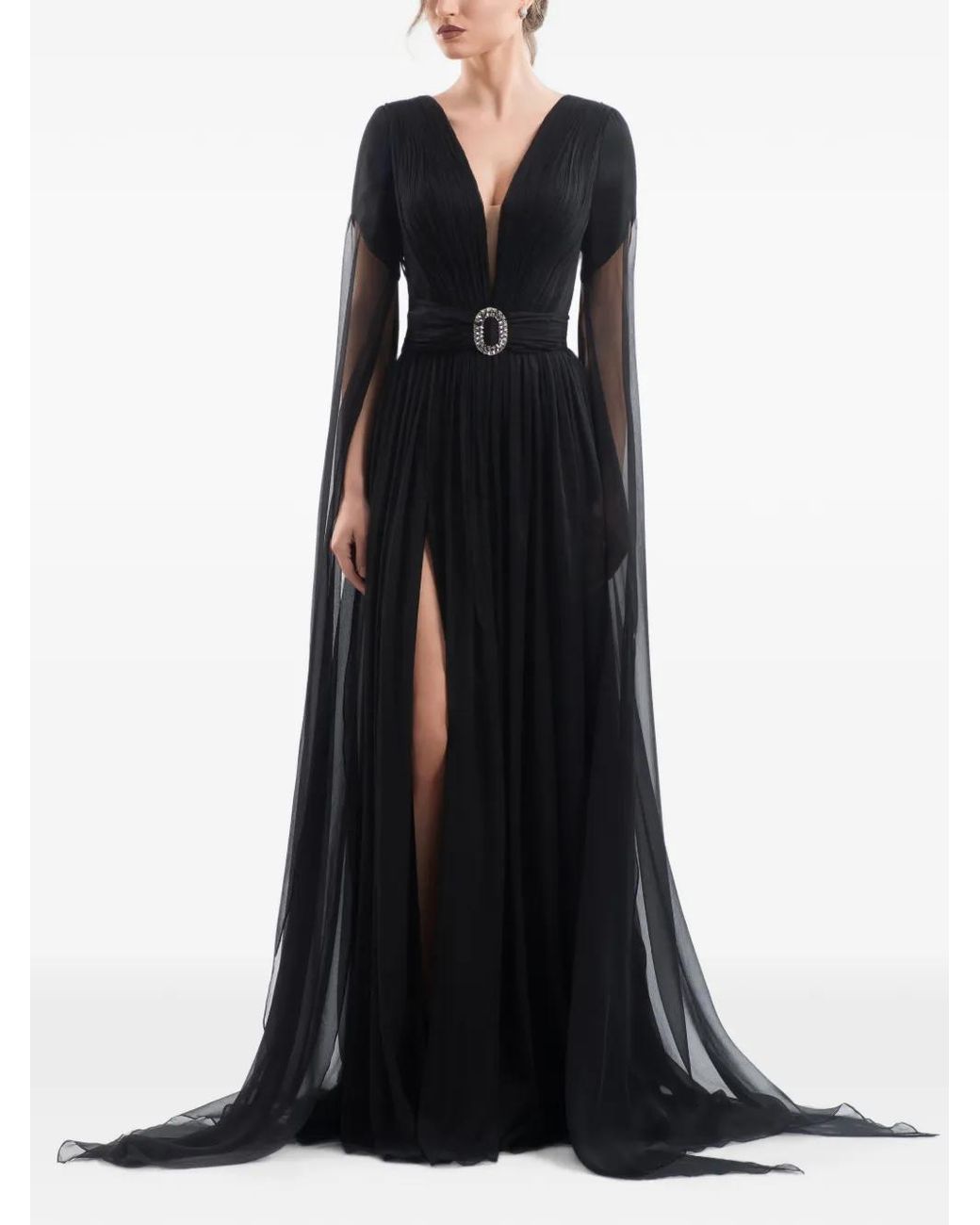 IMROSKA Black Transformative Crystal-Buckle Cape-Sleeve Maxi Dress