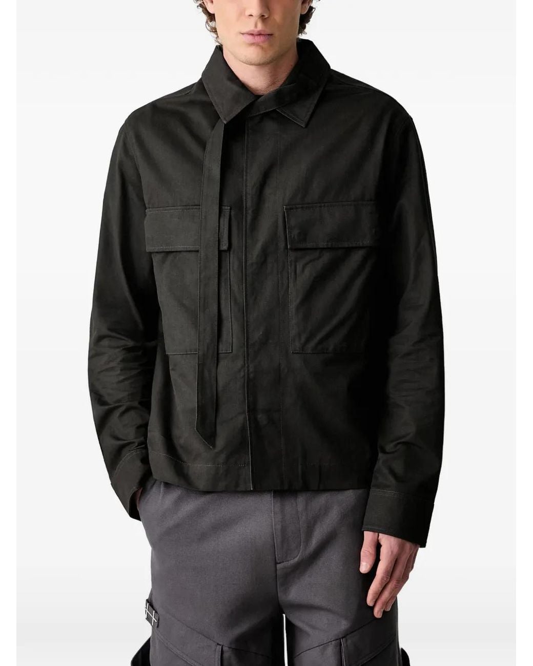 HELIOT EMIL Black Octave Flap-Pocket Tie-Strap Shirt Jacket for men