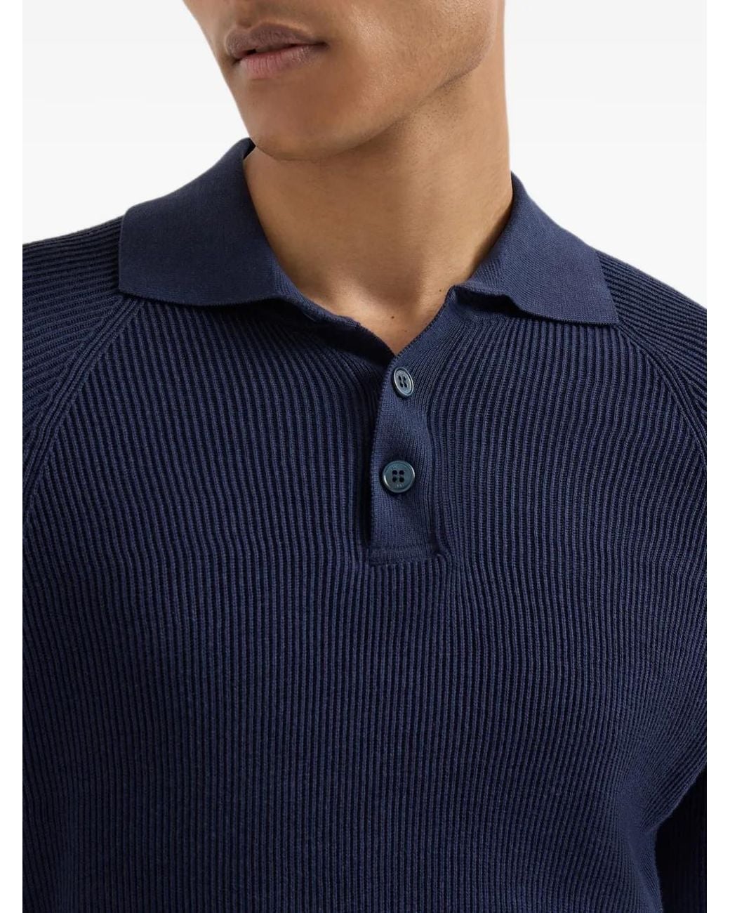Brunello Cucinelli Blue Cotton English Rib Knit Polo With Long Raglan Sleeves for men