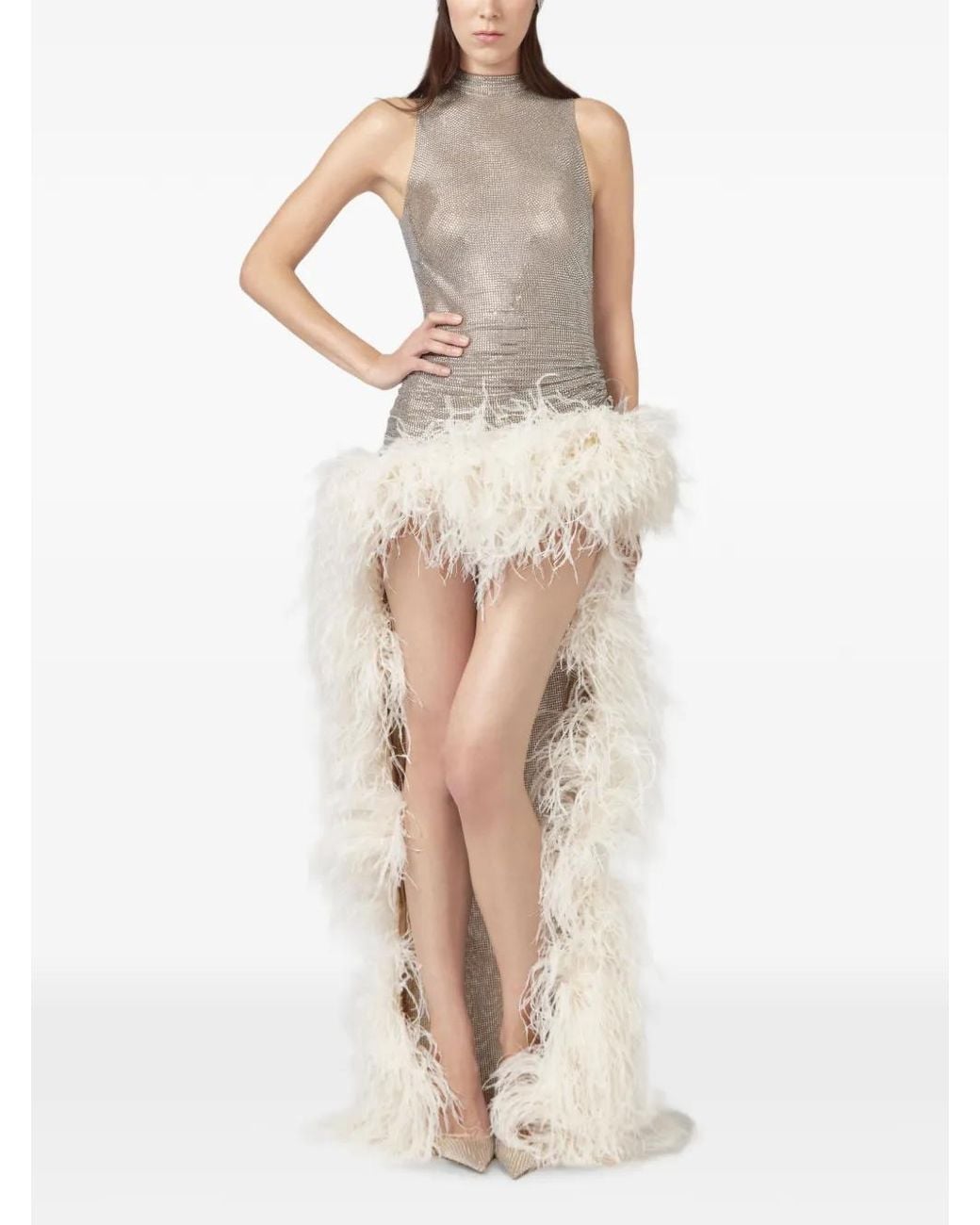 GIUSEPPE DI MORABITO Natural Feather-Trim Rhinestone-Embellished Maxi Dress