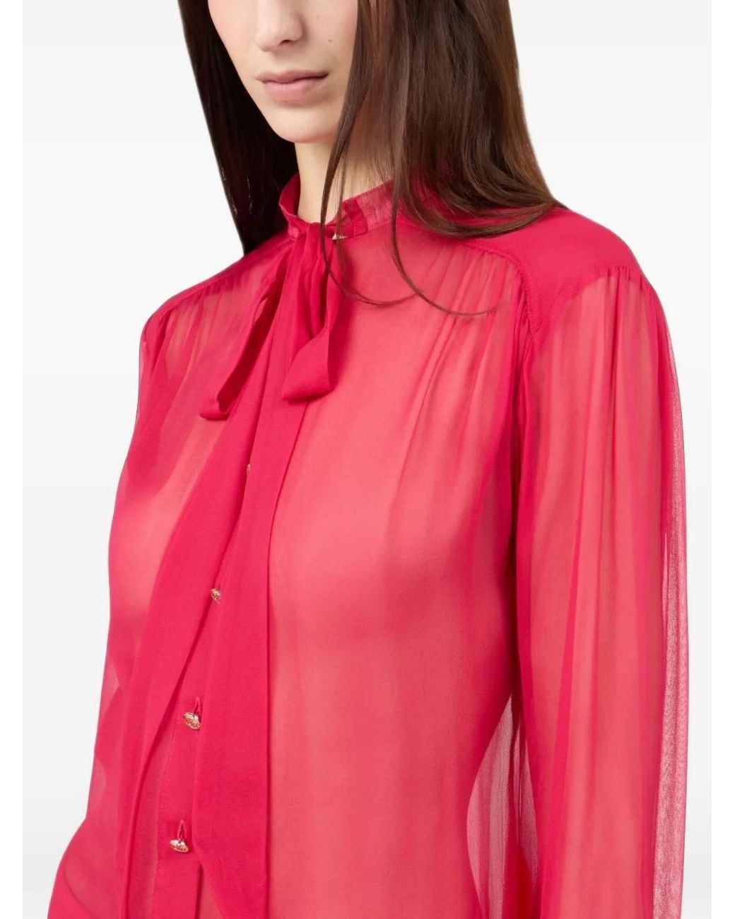Roberto Cavalli Red Pussy-Bow Sheer Blouse