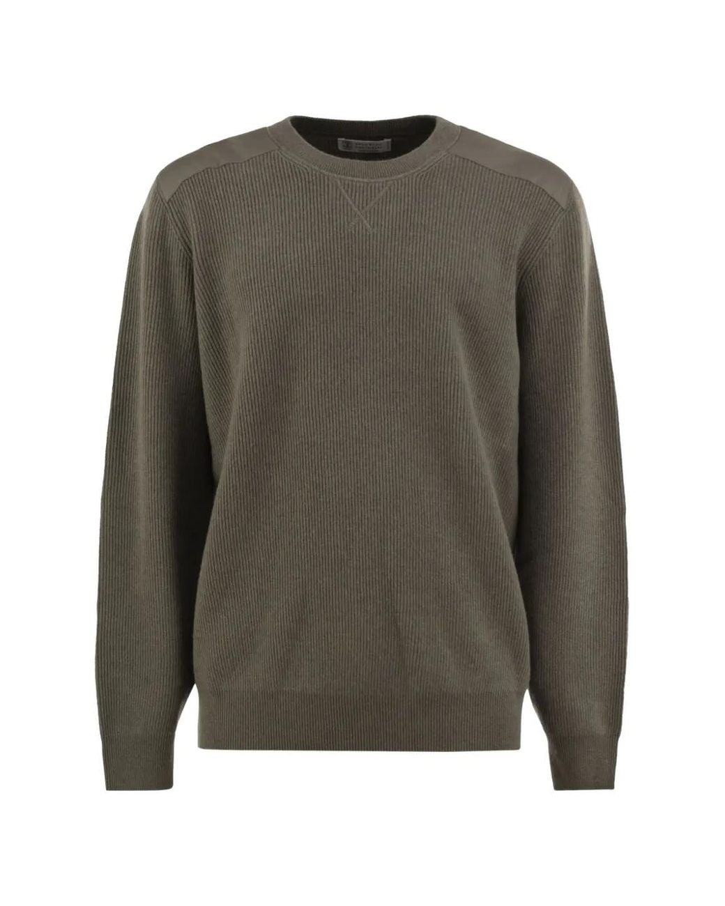 Brunello Cucinelli Green Cashmere Ribbed Sweater With Cotton Inserts for men