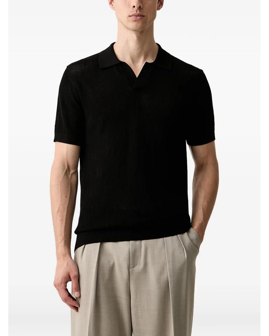 Karl Lagerfeld Black Mesh-Knit Polo Shirt for men