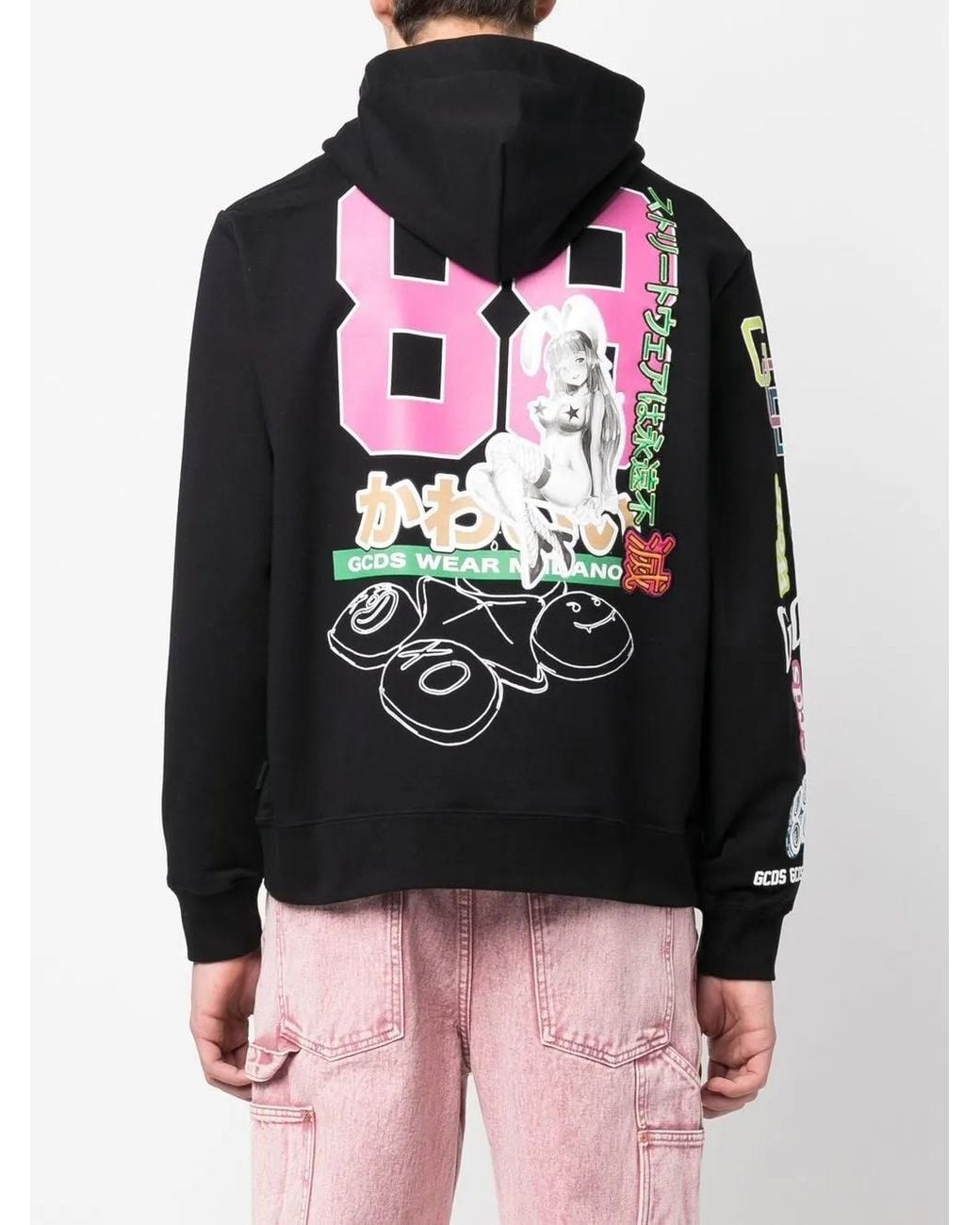 Gcds Black Hooded Sweatshirt With Drawstring And Printed Logo for men
