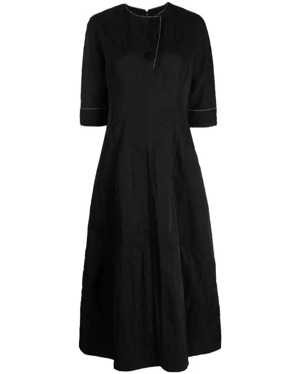 Shiatzy Chen Black Floral-Button Half-Sleeve Midi Dress