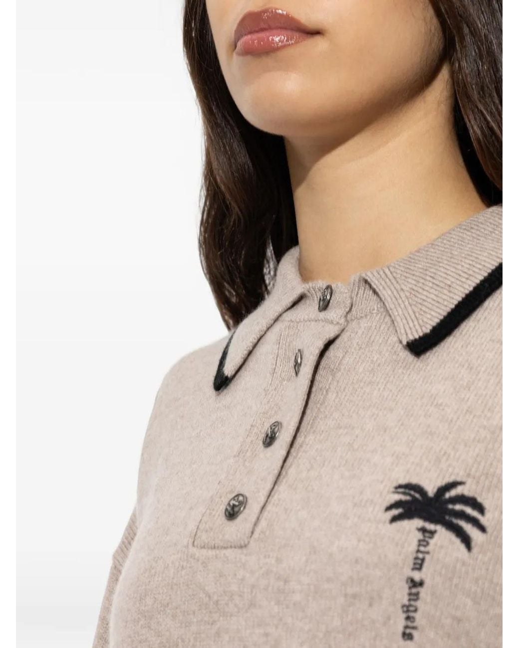 Palm Angels Natural Palm-Tree Embroidery Polo Sweater