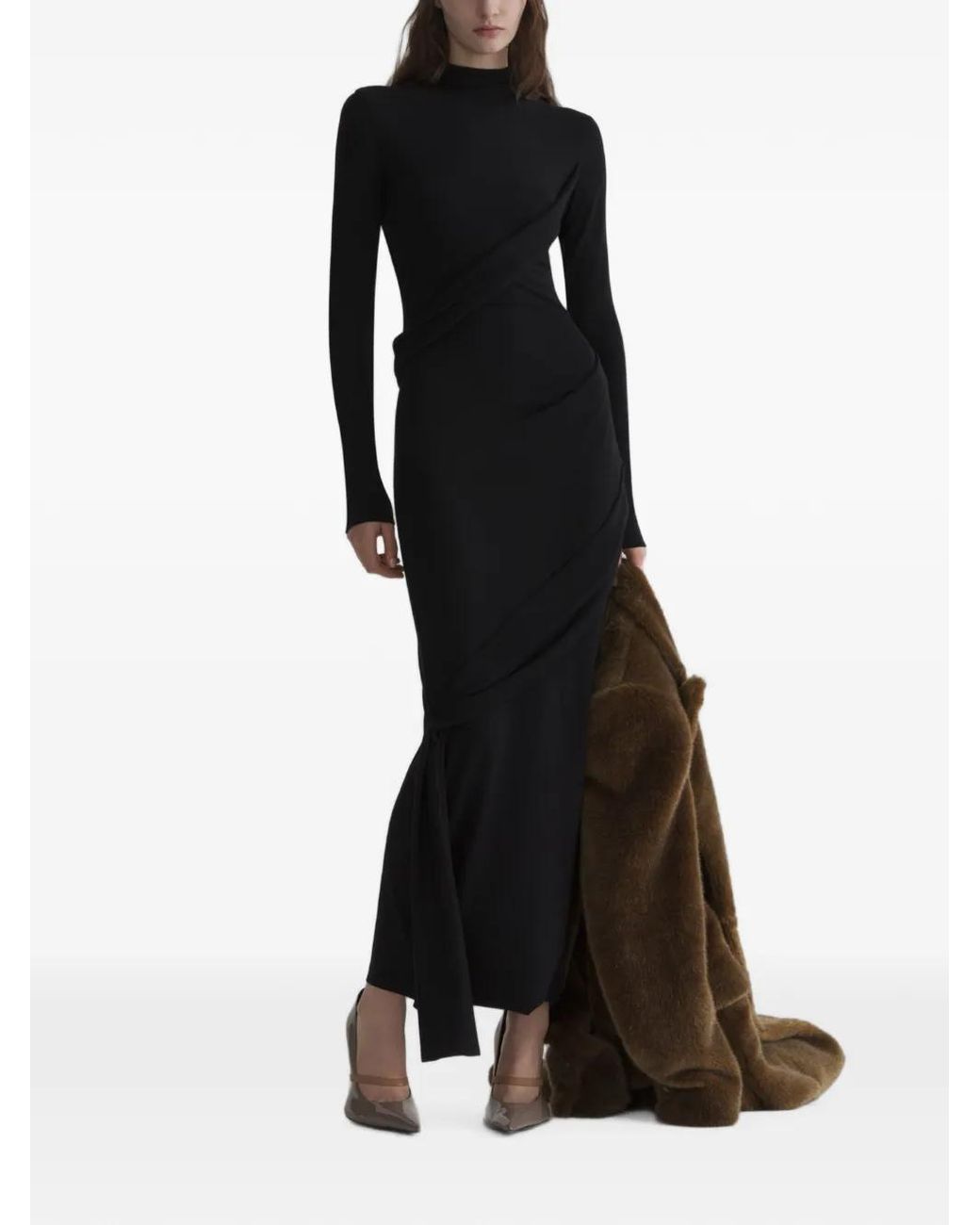 Mugler Black Spiral Draped Turtleneck Dress