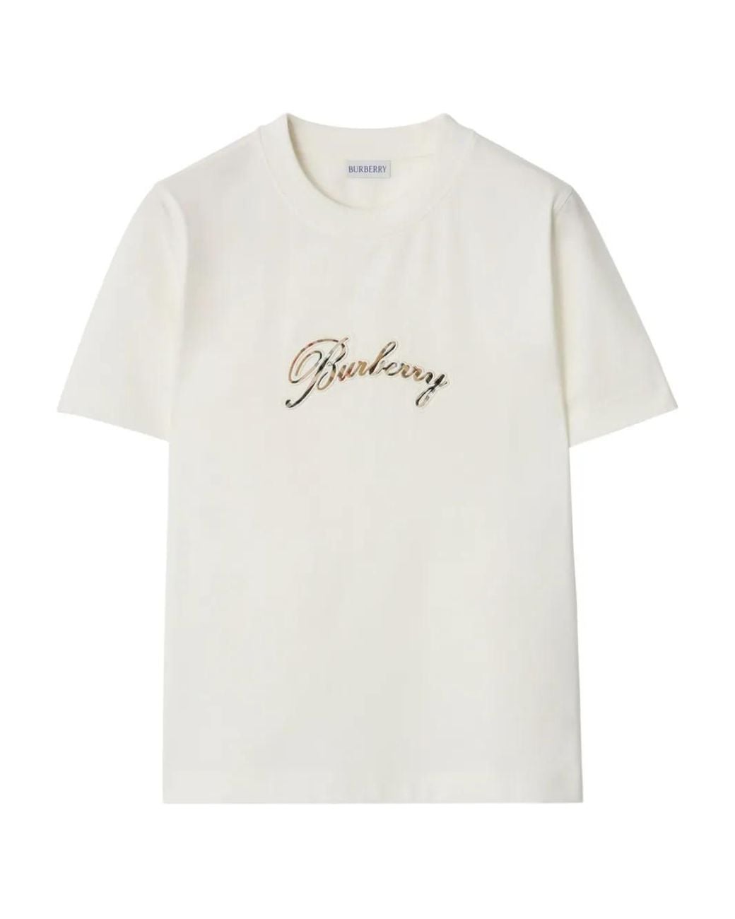 Burberry White Check Cursive Logo Cotton T-Shirt