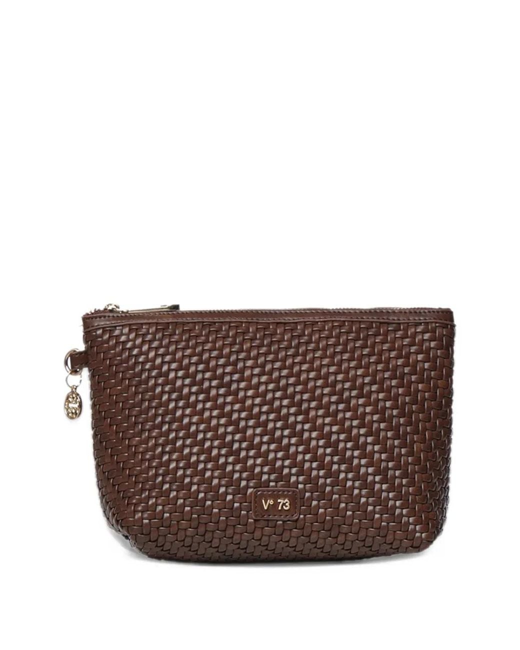 V73 Brown Zelda Woven-Effect Logo-Plaque Clutch Bag