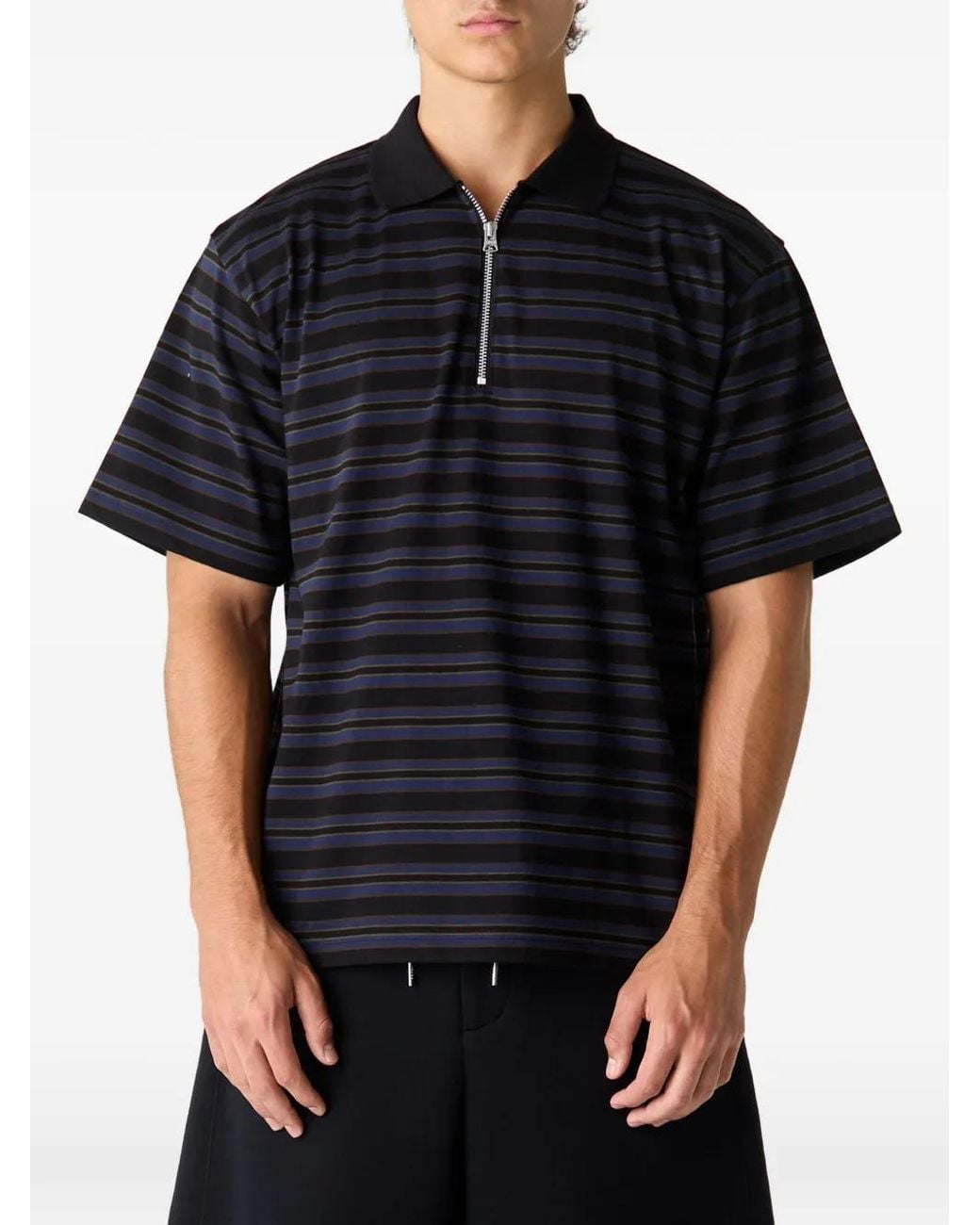 Sacai Black Striped Zip-Neck Polo Shirt for men