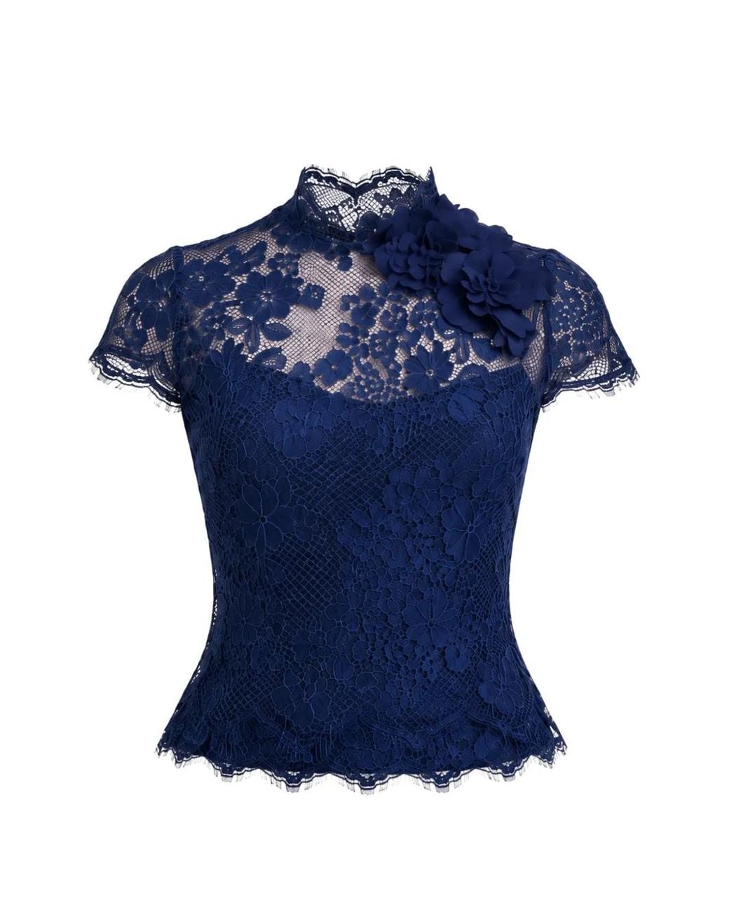 Gemy Maalouf Blue Floral-Lace Appliqué Top