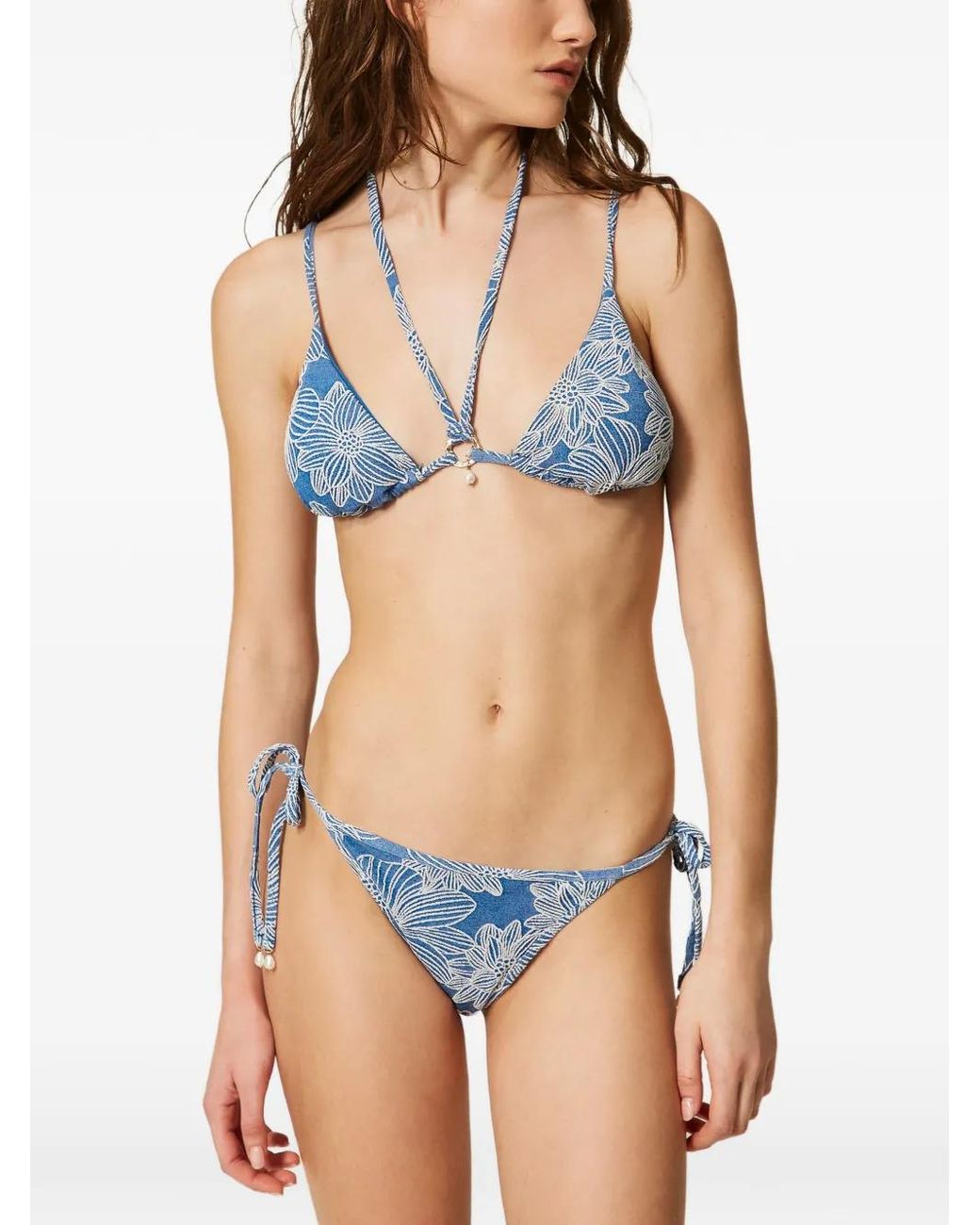 Twinset Blue Jacquard Triangle Bikini Top With Pearl