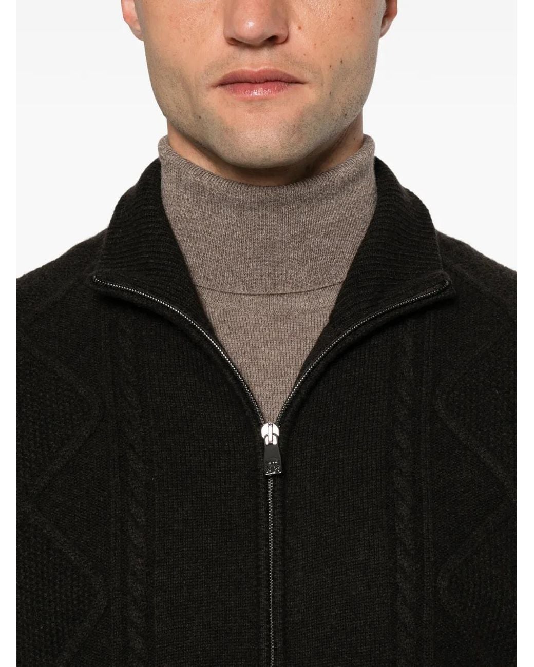 Corneliani Black Cable-Knit Diamond-Pattern Cardigan for men