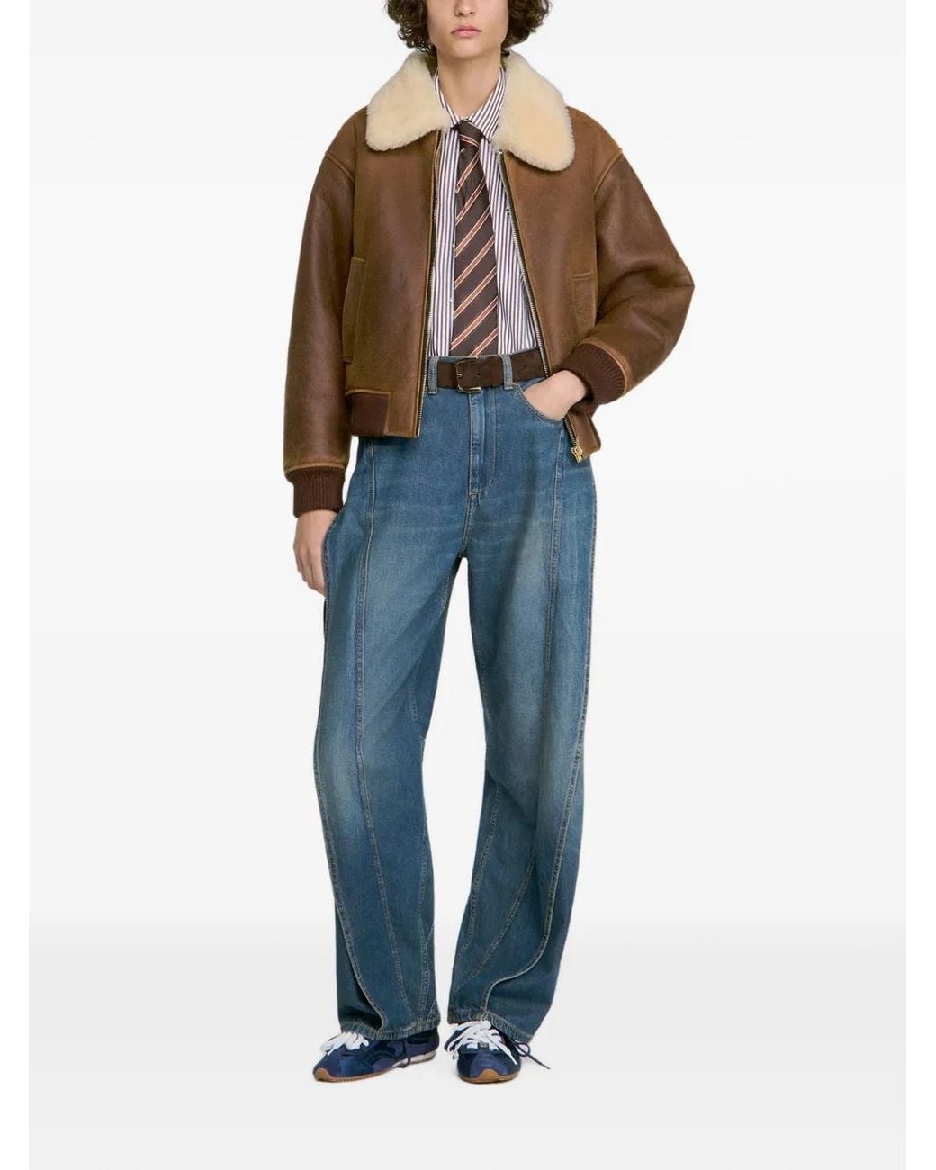 Sandro Brown Zipped Shearling Jacket