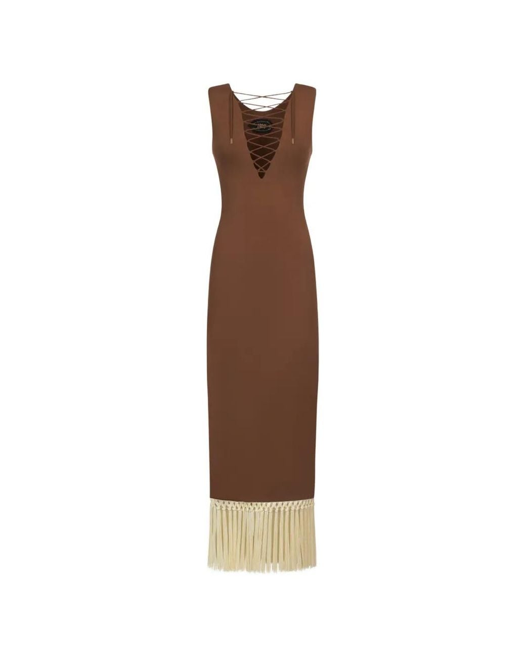 Taller Marmo Brown Sahara Lace-Up Fringe Midi Dress
