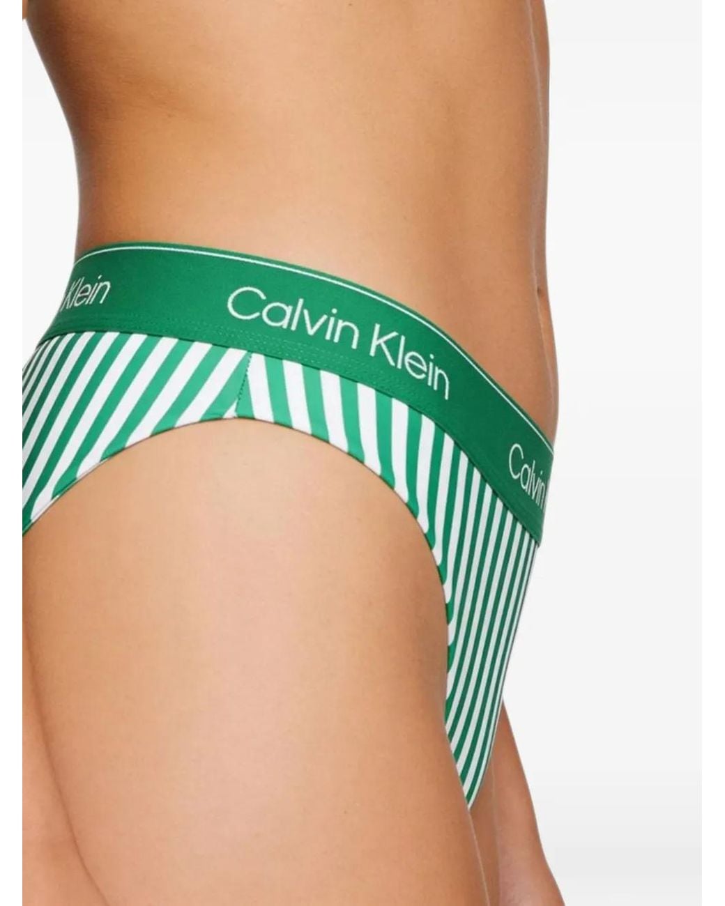 Calvin Klein Green Ck Icon Striped Logo-Waistband Bikini Bottoms
