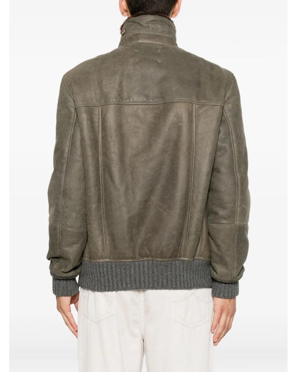 Brunello Cucinelli Brown Waxed Shearling Bomber Jacket With Shearling Collar for men