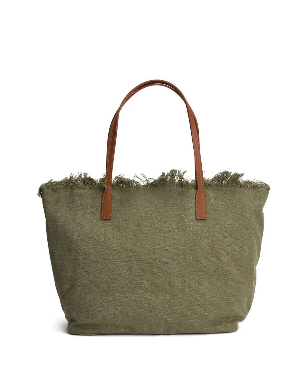 Mc2 Saint Barth Green Regular City Canvas Bag With Fringes