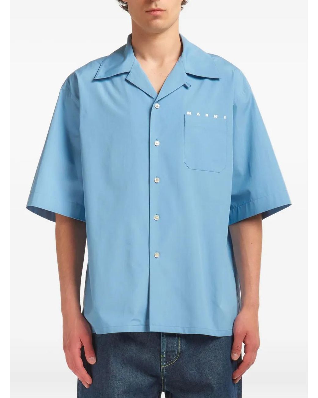 Marni Blue Poplin Bowling Shirt With Peeping Logo for men