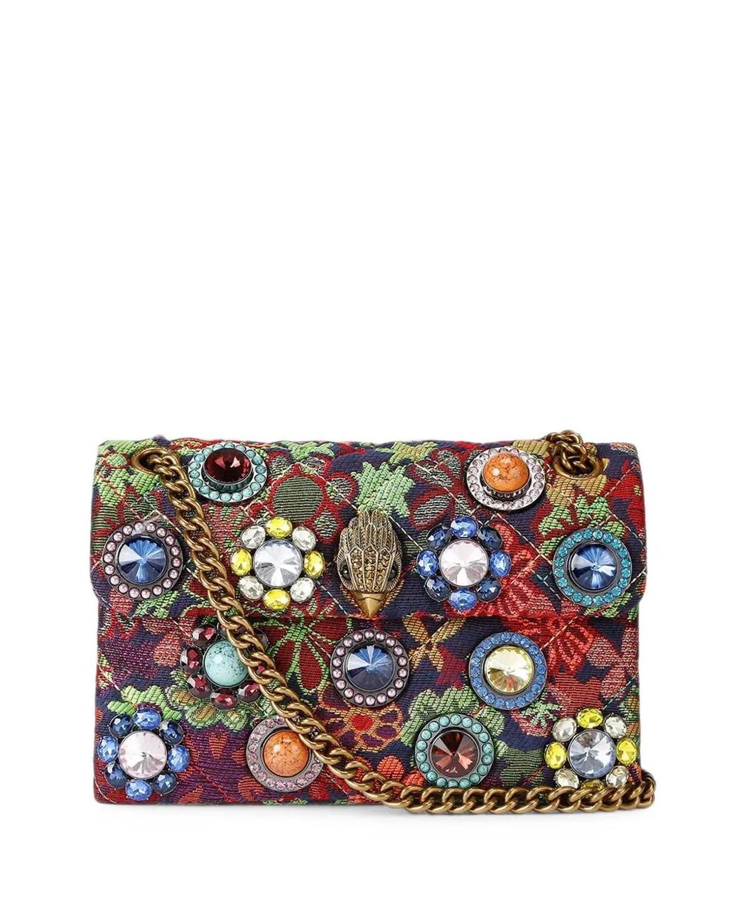 Kurt Geiger White Crystal-Embellished Floral-Tapestry Shoulder Bag