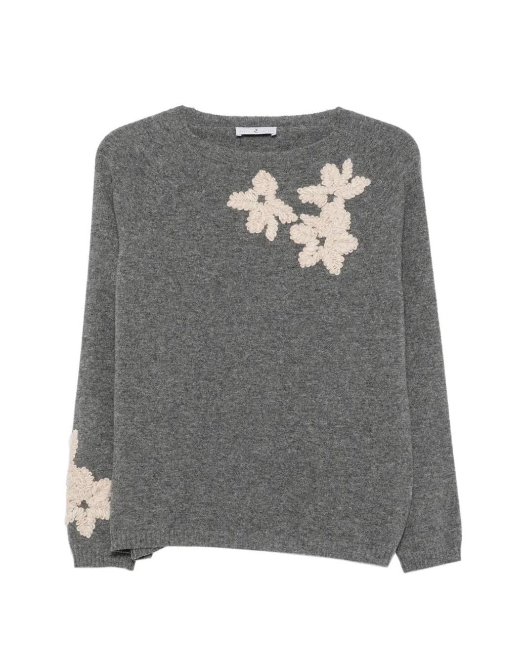 Whyci Gray Floral-Applique Sweater