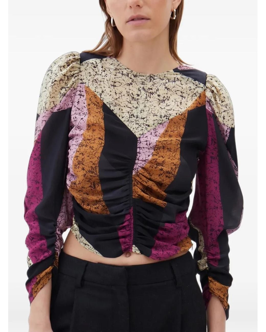 Maria Cher Gray Corja Paula Ruched Silk Top