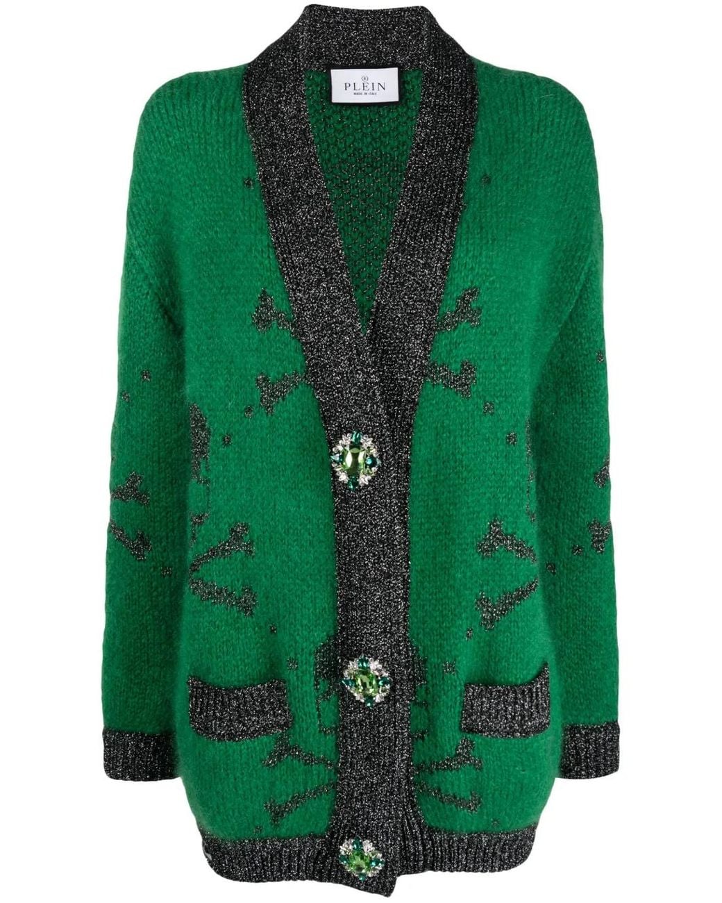 Philipp Plein Green Skull-Print Mohair-Blend Cardigan