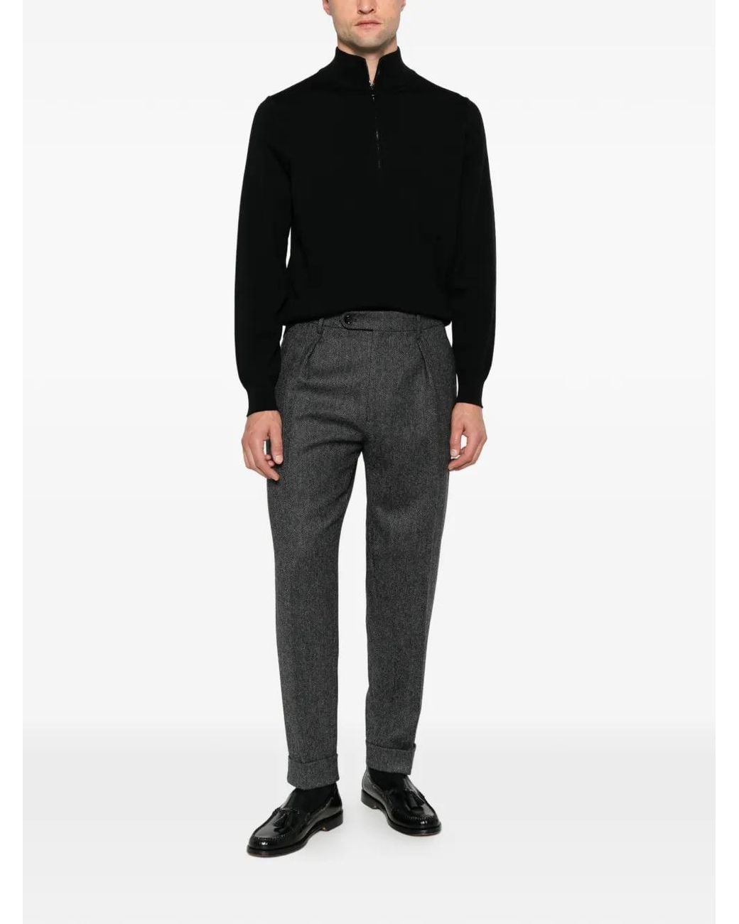 Berwich Black Chiaia Herringbone Pleated Trousers for men