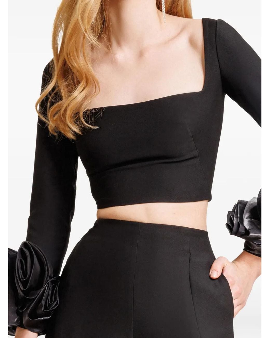 Gemy Maalouf Black Floral-Appliqué Cropped Top