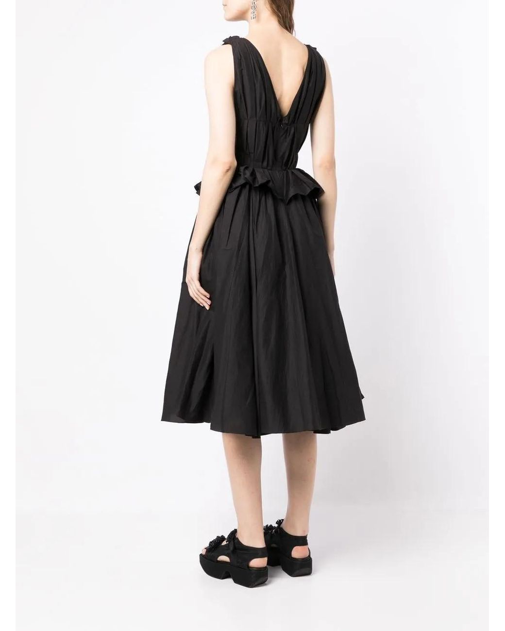 Pushbutton Black V-Neck Midi Dress