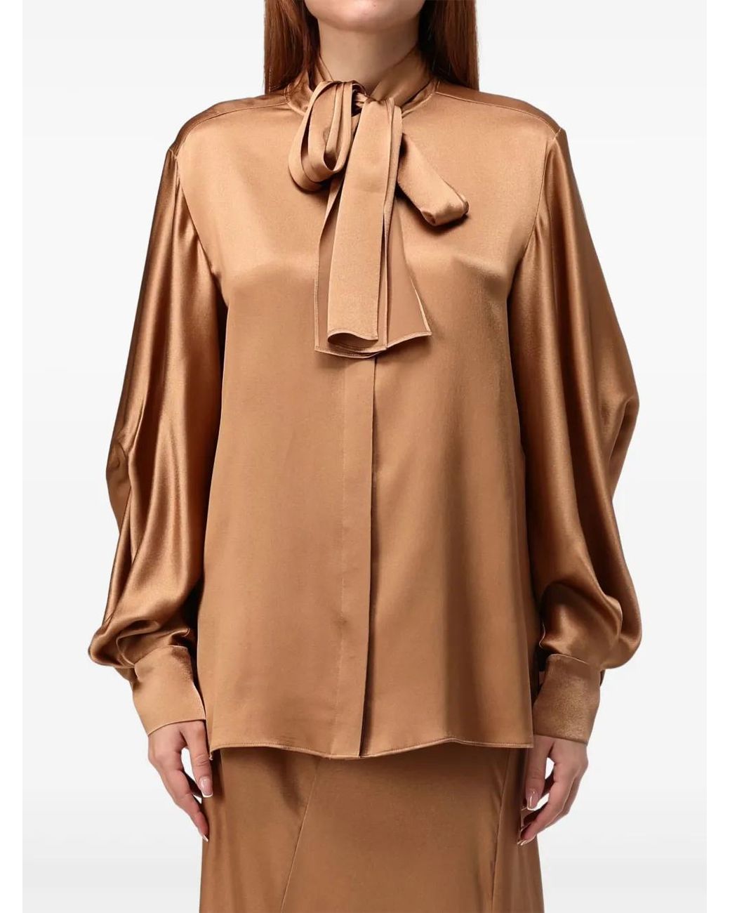 Alberta Ferretti Brown Tie-Neck Long-Sleeve Top