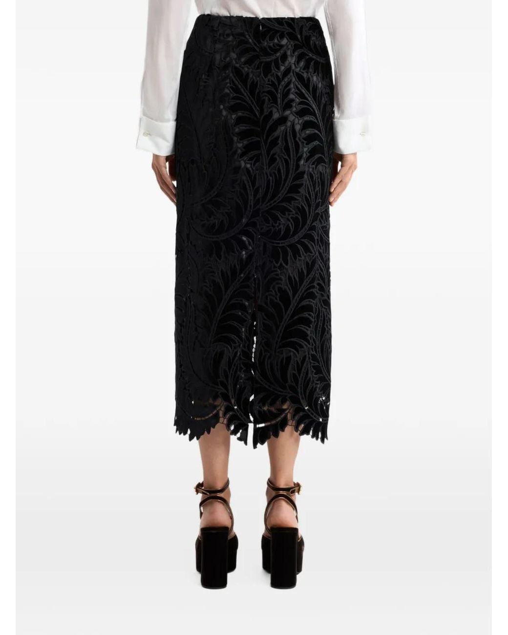 Etro Black Embroidered Cotton Velvet Midi Skirt