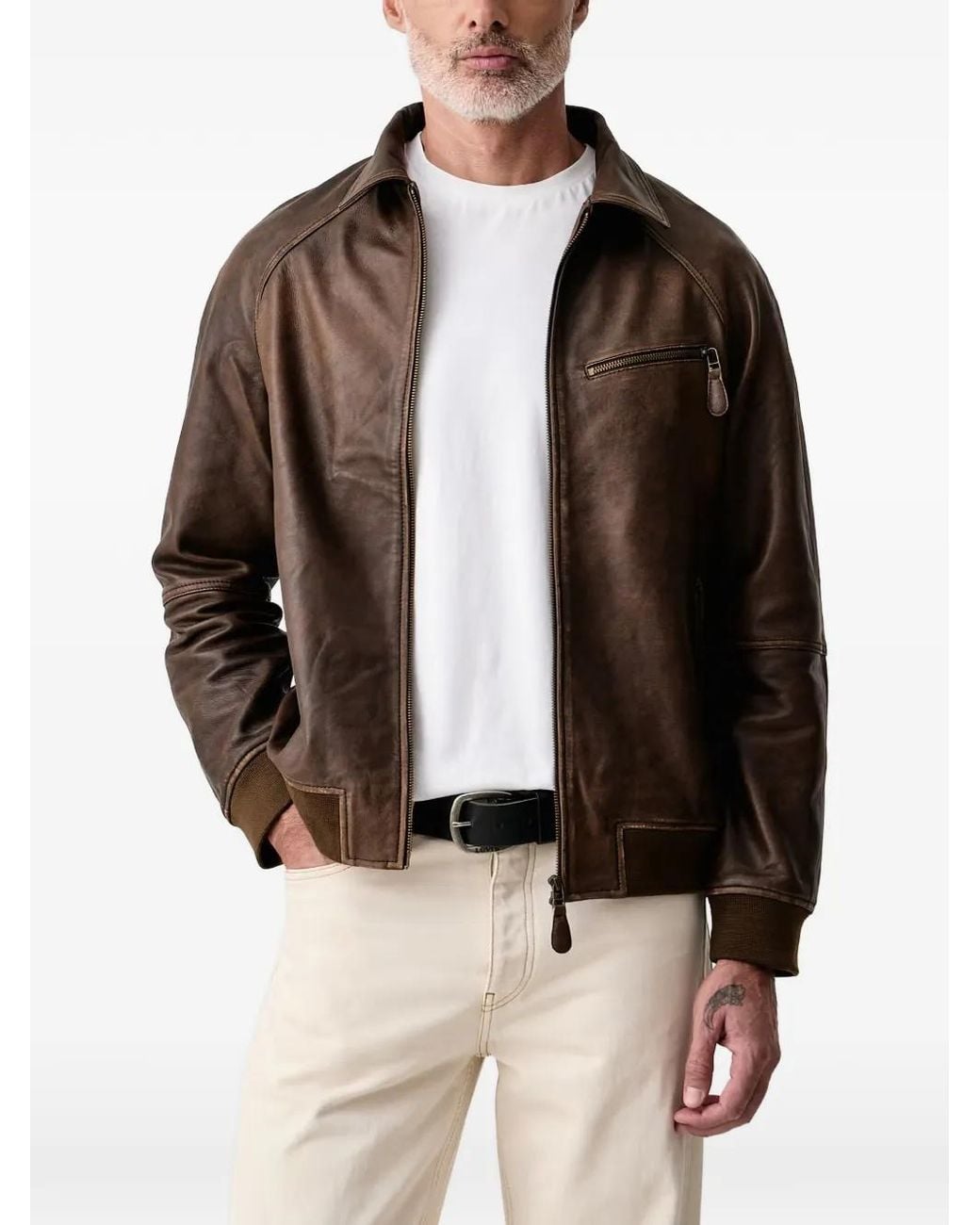 Mos Mosh Brown Thom Zip-Up Leather Jacket for men
