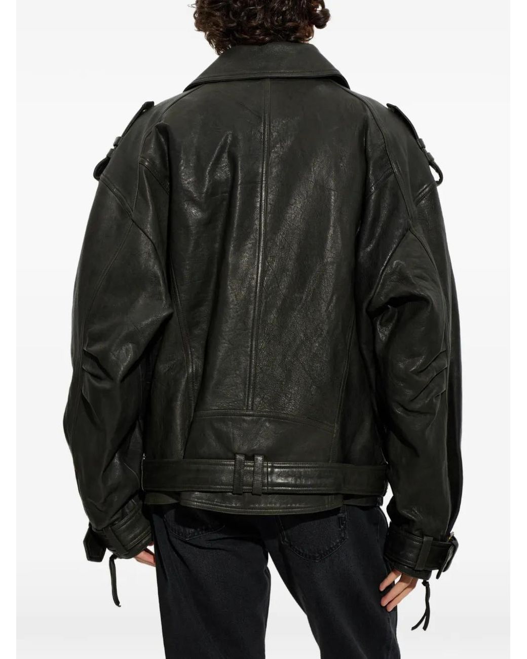 Balmain Black Veste En Cuir À Taille Ceinturée for men
