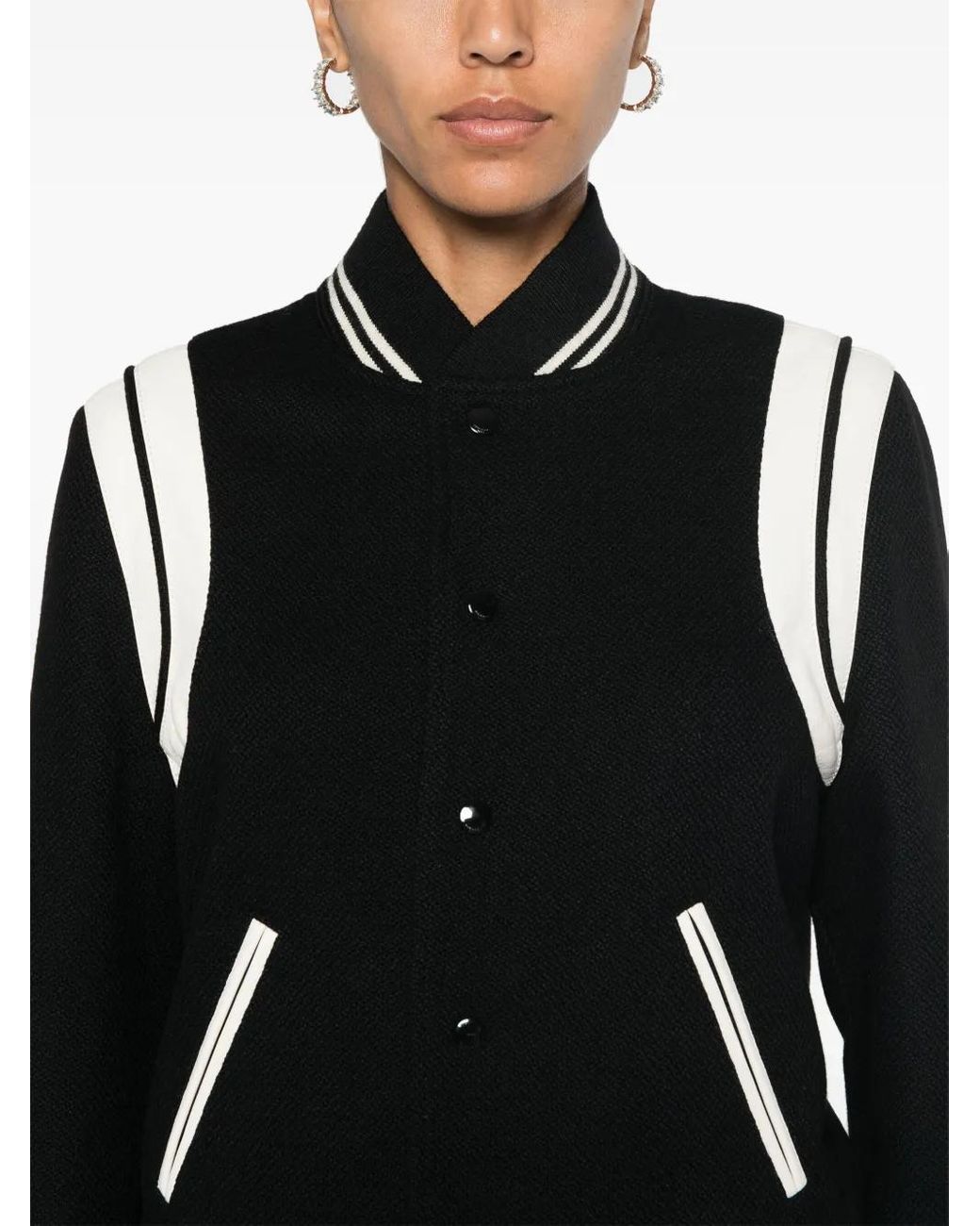 Saint Laurent Black Wool Blend Ribbed Trim Bomber Jacket