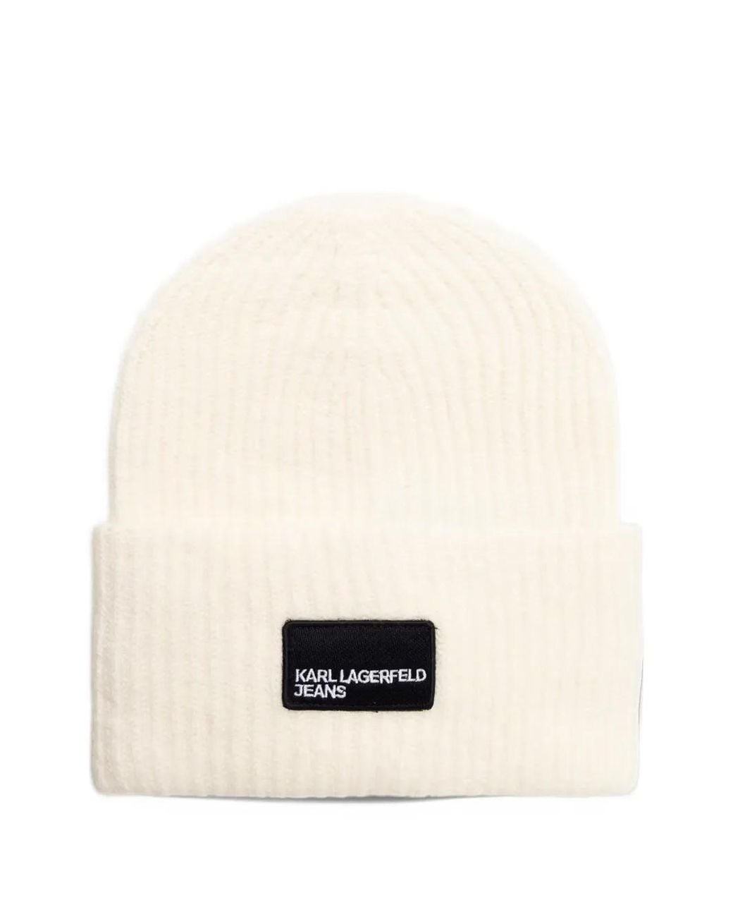 Karl Lagerfeld White Logo-Patch Ribbed-Knit Beanie Hat