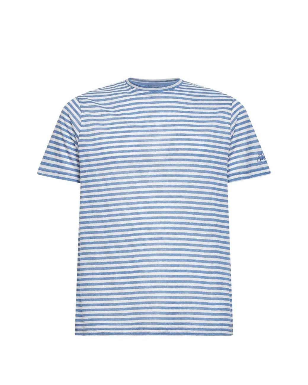 Mc2 Saint Barth Blue Striped Dover Cotton T-Shirt With Logo Embroidery for men