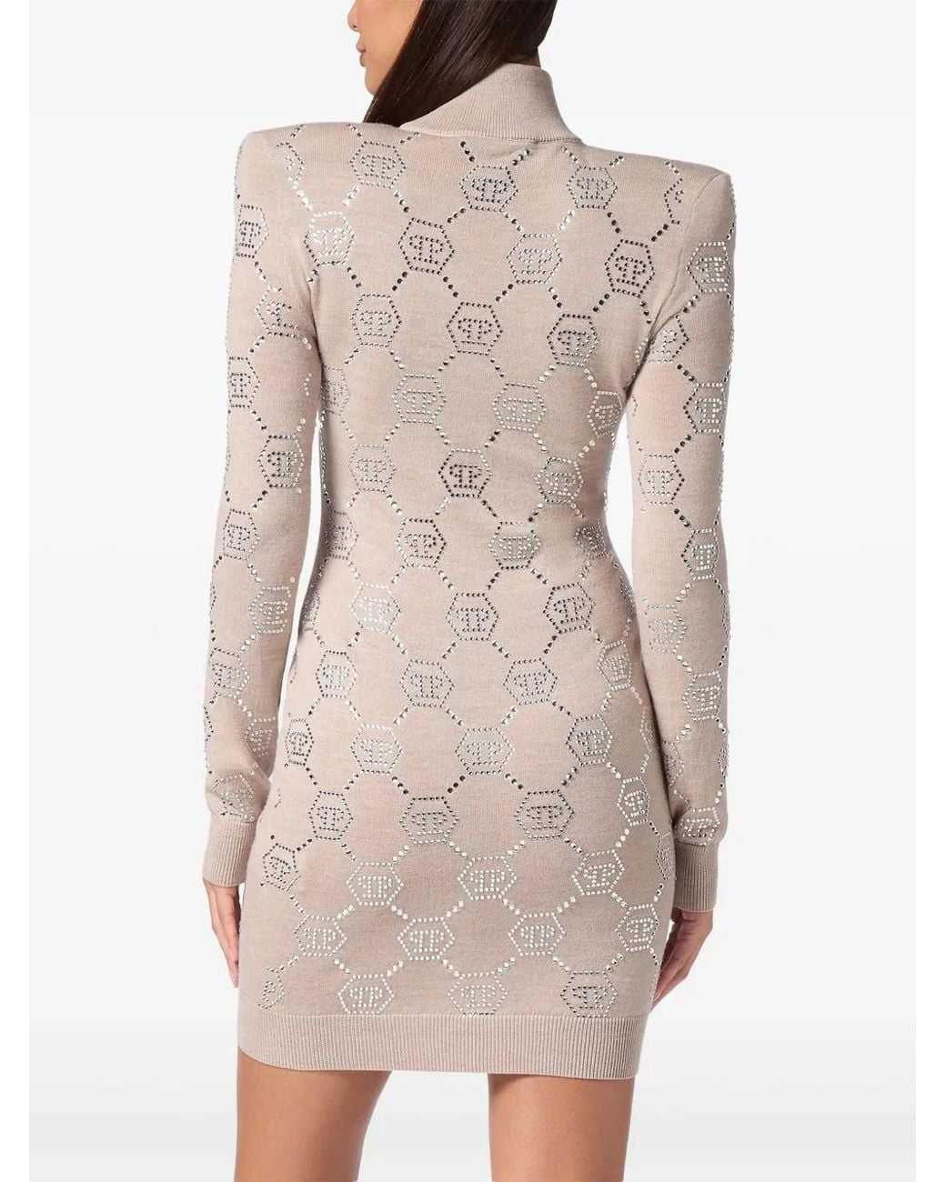 Philipp Plein Natural Crystal-Embellished Monogram Mini Dress