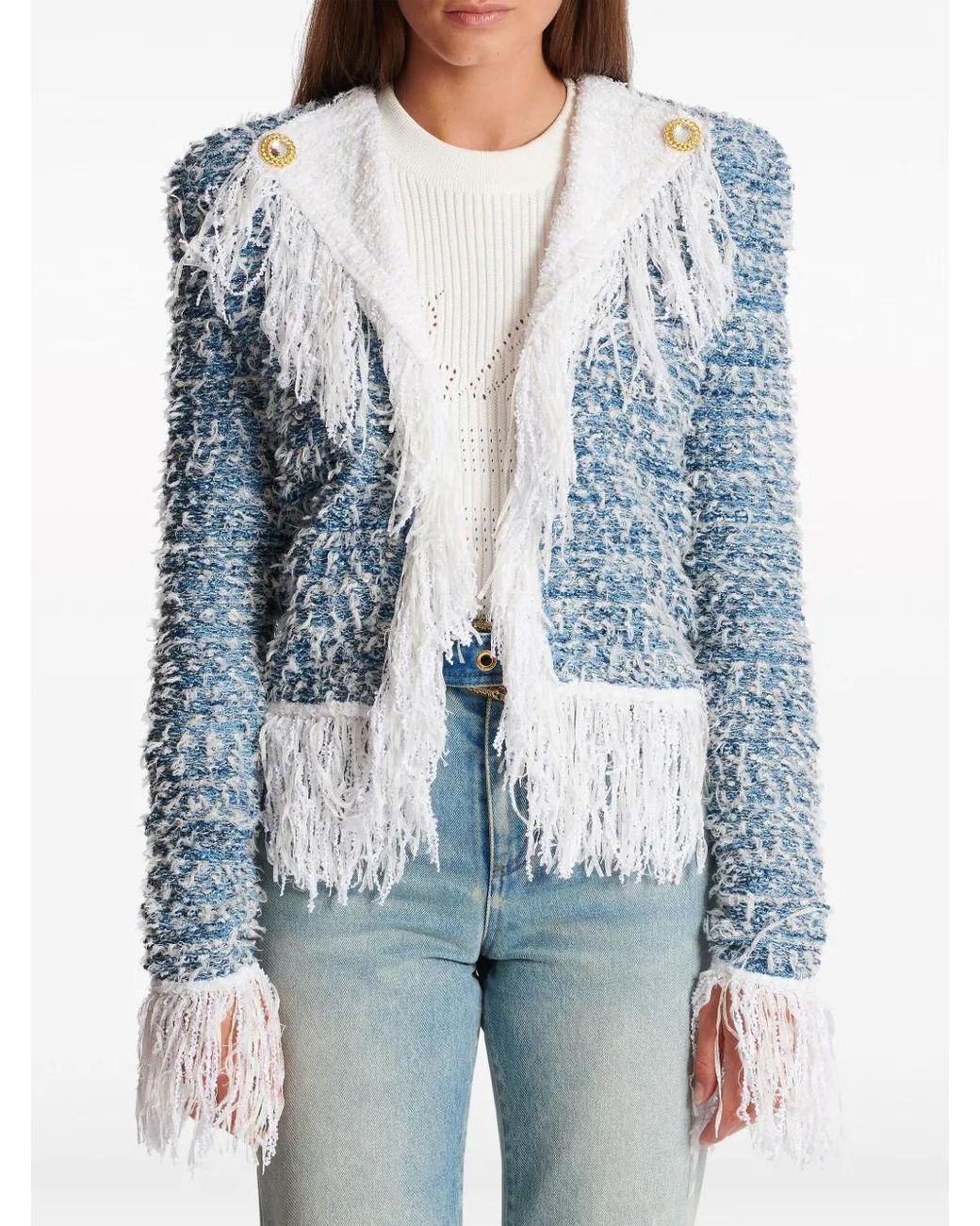 Balmain Fringed Denim Tweed Jas in het Blue