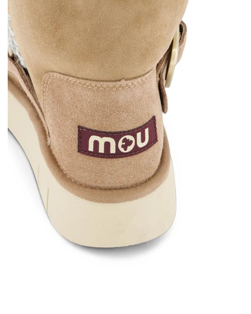 Mou Natural Eskimo Bounce Buckled Crochet-Trim Boots