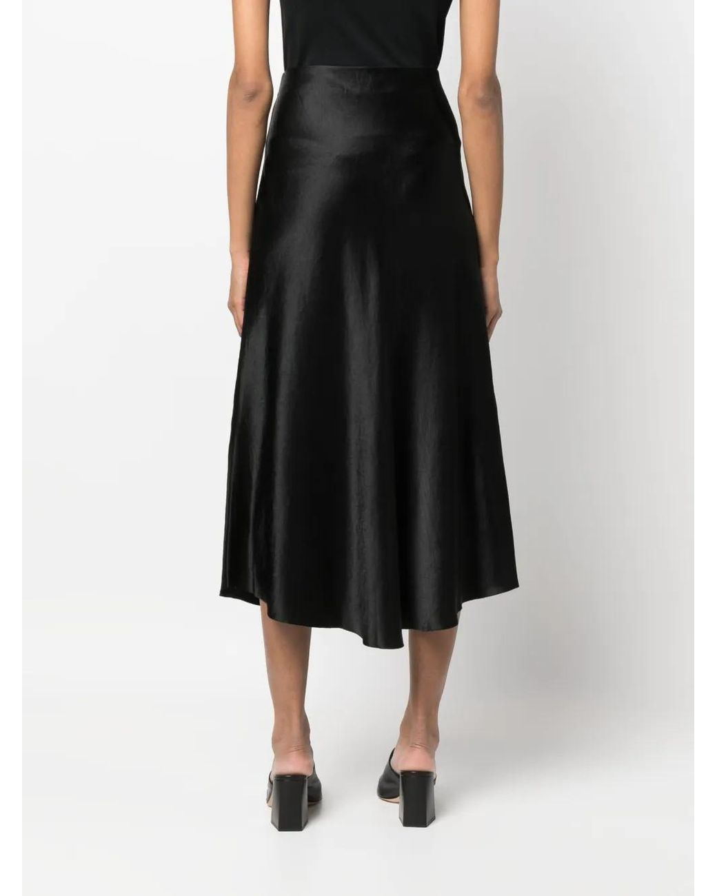 Vince Black Satin-Finish Draped Midi Skirt