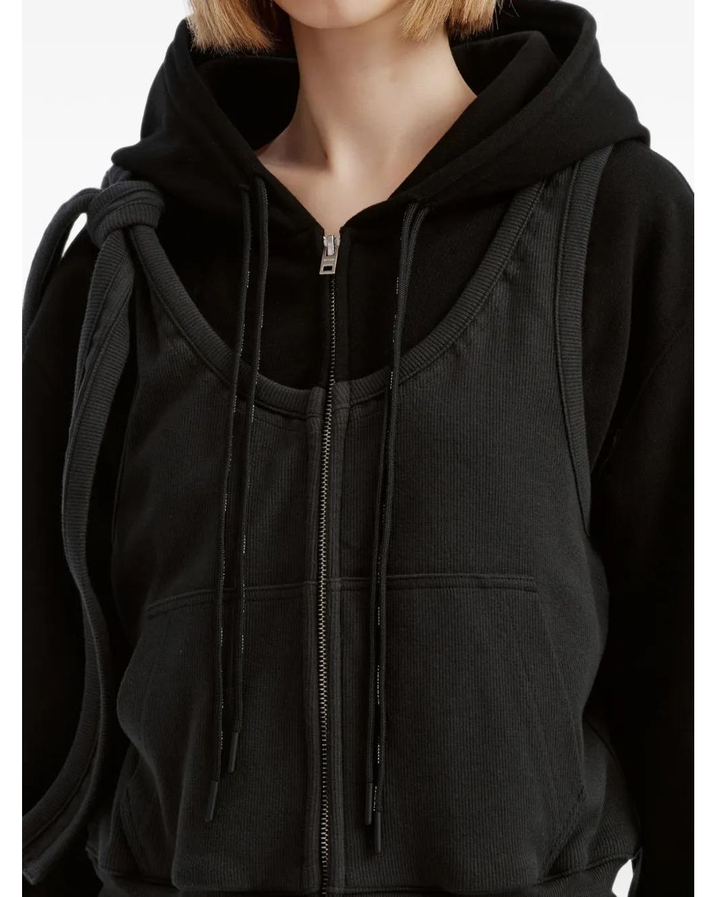 we11done Black Layered Ruffled Zip-Up Hoodie